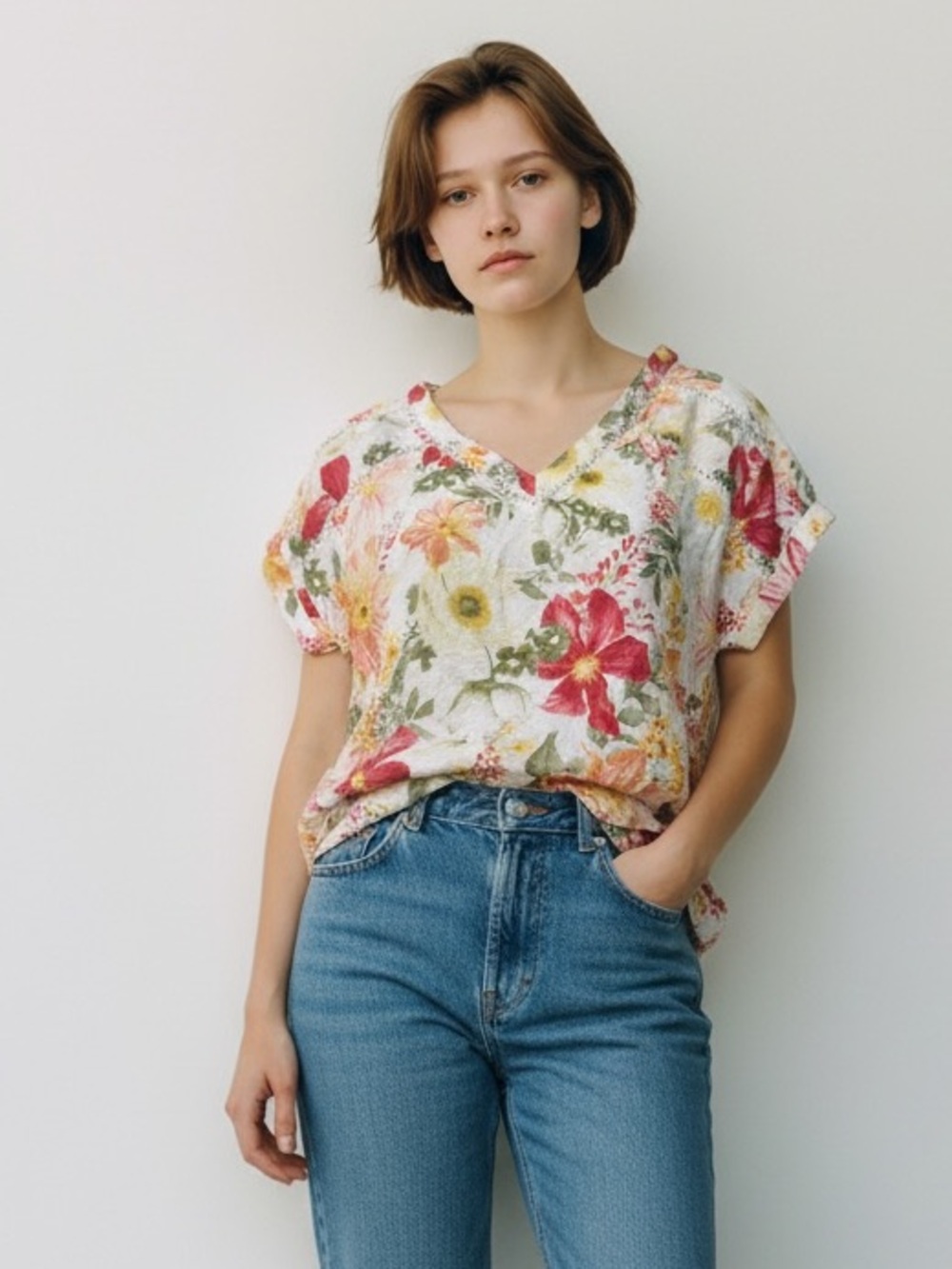 Floral V-Neck Linen Blend Top in White and Pink Cocomo Petite Small Casual NWT